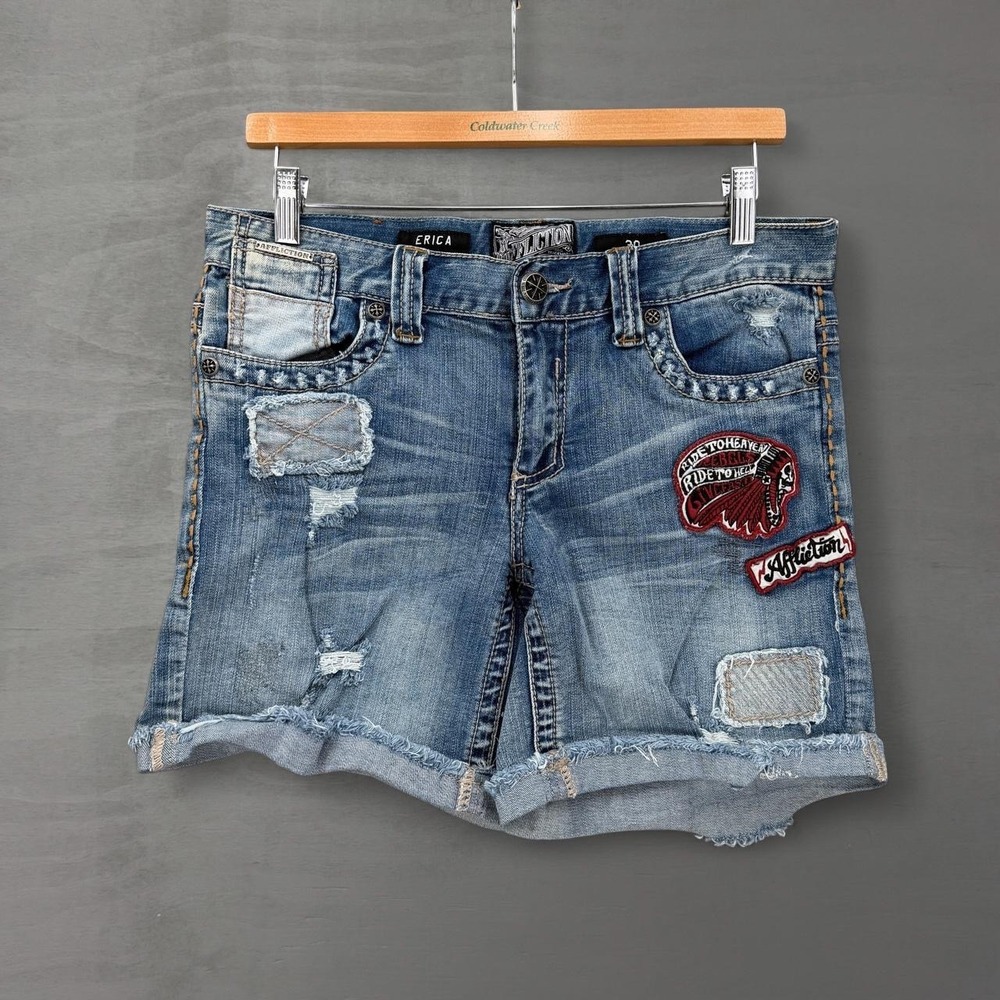 Affliction Y2K Erica Denim Shorts Blue Distressed Patch Embroidered 30